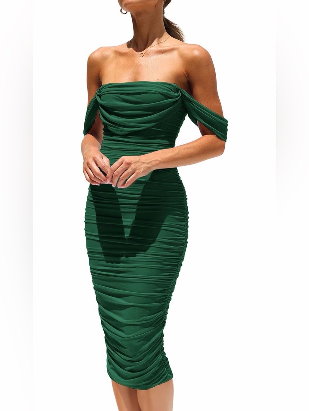 NWOT Off-Shoulder Emerald Strapless Ruched Midi Dress, XL